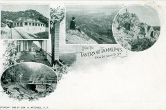 A vintage postcard featuring four black-and-white photos of Mount Tamalpais in 1898. Images include a tavern, scenic views, a person on a rocky peak, and a railway. Text reads From The Tavern of Tamalpais, 2500 feet above the sea.