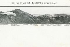Black and white panoramic image of Mill Valley and Mt. Tamalpais Scenic Railway. The photo includes a mountainous landscape with labeled locations such as Tavern of Tamalpais, Mt. Tamalpais, and views towards San Francisco and the Golden Gate.