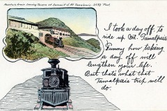 A vintage postcard features a train leaving the Tavern at the summit of Mt. Tamalpais with a handwritten note: I took a day off to ride up Mt. Tamalpais. Funny how taking a day off will lengthen your life. But thats what that Tamalpais trip will do.