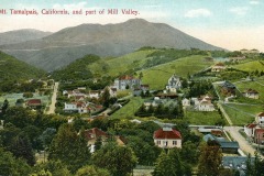 A vintage postcard showing an aerial view of Mt. Tamalpais, California, and part of Mill Valley. The landscape features rolling hills, scattered houses, and a mountain in the background under a clear blue sky.