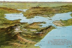 Illustrated topographic map of San Francisco Bay Area showing cities, mountains, valleys, and water bodies. Key locations like Mt. Tamalpais and Muir Woods are labeled. The map includes deive text and a compass rose.