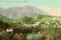 A vintage postcard depicts a scenic view of Mt. Tamalpais from Mill Valley, California. The foreground features rolling green hills dotted with houses and trees, leading up to the prominent mountain under a clear sky.