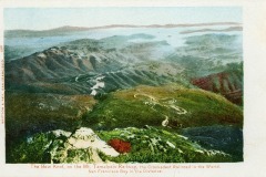 A vintage postcard illustration showing an aerial view of the Bow Knot on the Mt. Tamalpais Railway. The railway winds through hilly terrain, with San Francisco Bay visible in the distance.