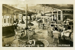 Vintage photo of Nut Tree patio, Highway U.S. 40, Vacaville, California. Outdoor seating with wicker chairs and tables. People dining amidst rustic buildings and trees, with signage and decor indicating a relaxed, bustling atmosphere.