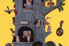 A whimsical treehouse with various animals, including mice, birds, and rabbits, engaged in activities like reading and performing. The tree has multiple levels with openings displaying these scenes against a bright yellow background.