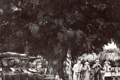 Vintage illustration of a large tree with Nut Tree History text. Below, a group of people gather near a kiosk under the trees shade. A classic car is parked to the left, and the scene depicts an old-fashioned, lively outdoor setting.