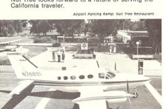 A vintage pamphlet discussing the history of the Nut Tree business and its store in San Francisco. It mentions a walnut tree, family management, Harbison House, and includes an illustration of the Nut Tree Store and nearby ramp.