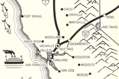 Map illustrating main highways from Oregon to California featuring cities like Sacramento, San Francisco, and Los Angeles. Depicts natural symbols like trees and water, with distances to Nut Tree Restaurant in Vacaville.