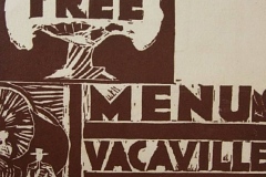 Illustration of a tree with The Nut Tree inside its canopy. Below, the text reads: Menus Vacaville California with artistic drawings of people and patterns on a brown and white background.