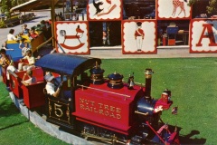 Children ride a small, colorful train labeled Nut Tree Railroad on a track surrounded by grass. The train has a red and black engine with 5 on the front. Behind, amusement park walls display images of animals and toys.