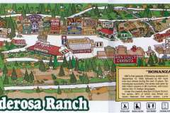 Illustrated map of Ponderosa Ranch with labeled attractions like stores, stables, and exhibits. The map includes paths and greenery. A section titled Bonanza Trivia is at the bottom, with a logo and trail guide in the corners.