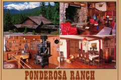 A collage of Ponderosa Ranch interiors and exterior: a rustic wooden cabin with snowy mountains in the background, a cozy living room with red chairs, a vintage kitchen with an old stove, and a dining room with an ornate table and chairs.