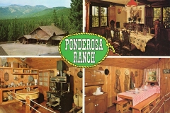 Collage of Ponderosa Ranch scenes: Top left shows a log cabin with mountains; top right, a dining room with antique furniture; bottom left, a rustic kitchen with wood stove; bottom right, a dining area with a long table and checkered cloth.