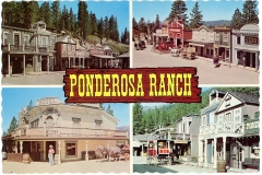 A vintage postcard featuring four images of Ponderosa Ranch, depicting Western-style buildings, including a saloon, bank, and hotel. A horse-drawn stagecoach is shown in front of one building, surrounded by trees and mountains.