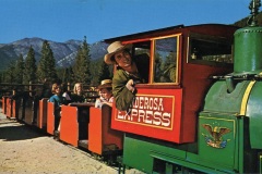 A person wearing a cowboy hat leans out of the red and green Ponderosa Express train engine. Three passengers sit behind in open train cars. Pine trees and mountains are visible in the background under a clear blue sky.
