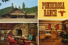 Collage of three images featuring Ponderosa Ranch: an exterior view of a log cabin surrounded by forest, a cozy interior with a stone fireplace and seating, and a rustic desk area. Text reading Ponderosa Ranch with a steer head silhouette.