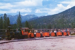 A miniature train with red cars and a black engine carries passengers through a scenic mountain landscape. Pine trees and snow-capped peaks are visible under a partly cloudy blue sky.