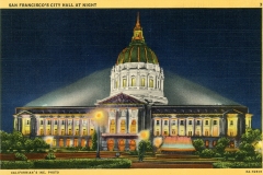 A vintage illustration of San Franciscos City Hall at night. The building is lit up, highlighting its grand dome and classical architecture. The foreground features trees and a vibrant, colorful fountain.