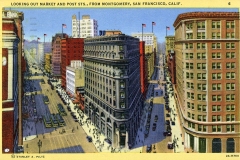 Vintage postcard showing an aerial view of Market and Post Streets in San Francisco, with historic buildings, streetcars, and pedestrians. American flags adorn rooftops, and the cityscape extends into the distance under a clear sky.