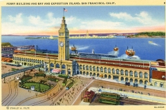 A vintage postcard illustration of the Ferry Building in San Francisco, set against a backdrop of the bay. The scene includes streetcars, pedestrians, and ships, with an American flag waving atop the clock tower.