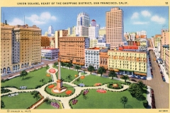 A vintage postcard illustration of Union Square, San Francisco, depicting a vibrant city scene with tall buildings surrounding a park. The park features pathways, green lawns, and a central column-like monument.