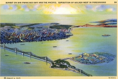 Colorful vintage postcard illustrating a sunset over San Francisco Bay. The cityscape, boats, and two bridges, including a prominent red one in the background, are depicted, highlighting the vibrant blues, oranges, and yellows of the scene.
