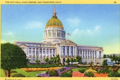 Vintage postcard illustration of San Franciscos City Hall, featuring a grand building with a large dome topped by a flag. Its set amidst well-kept gardens with colorful flowers in the foreground.