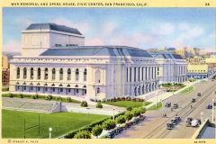 Vintage postcard of the War Memorial and Opera House in San Francisco. The building has classic architectural features with surrounding streets and cars of the early 20th century, set against a lightly colored sky.