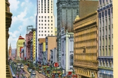 Vintage postcard illustration of Market Street in San Francisco. Streetcars travel along busy tracks, surrounded by vibrant, detailed buildings. Notable signage includes Bank of America atop a tall building. Crowds fill the sidewalks.