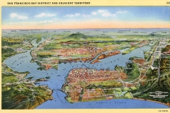Vintage illustrated map of the San Francisco Bay District, showing landmarks, roads, and adjacent territories. Notable areas like Oakland and Berkeley are labeled. The map includes parts of the Pacific Ocean and detailed topographical features.