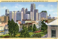 Illustration of San Franciscos Portsmouth Square with a park in the foreground, featuring trees and a garden. In the background, a variety of early 20th-century skyscrapers stand against a clear sky.