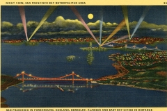 Illustrated night view of the San Francisco Bay Metropolitan Area, featuring the Golden Gate Bridge and city lights. Colorful spotlights beam across the sky, with vibrant reflections on the water.