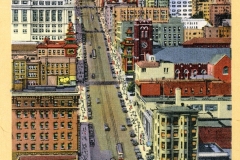 A vintage postcard illustration of California Street in San Francisco, showing a steep, busy street lined with historic buildings and cable cars. The backdrop features more skyscrapers on Nob Hill under a blue sky.