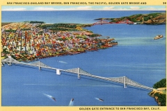 Illustrated aerial view of the San Francisco-Oakland Bay Bridge and the Golden Gate Bridge over the bay. The cityscape of San Francisco fills the background, with small boats visible in the water below.