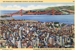 A vintage postcard illustration depicts San Franciscos downtown district with the Golden Gate Bridge in the background. The scene includes dense city buildings, the bay, and surrounding hills under a clear sky.