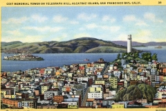 Colorful illustration of Coit Tower on Telegraph Hill overlooking San Francisco Bay. The view includes a dense arrangement of buildings in the foreground and Alcatraz Island in the background, surrounded by water and distant rolling hills under a blue sky.