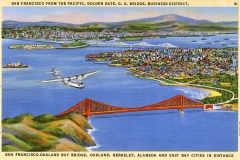 Illustrated aerial view of San Francisco, featuring the Golden Gate Bridge in the foreground and the San Francisco-Oakland Bay Bridge in the background. A seaplane flies over the water with the cityscape and hills in the distance.