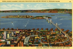 Illustration of San Francisco-Oakland Bay Bridge connecting Oakland to Treasure Island. The cityscape of Oakland is in the foreground with clusters of buildings, while the island and parts of the bridge arch over the water in the background.
