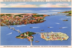 Illustration of the 1939 Golden Gate International Exposition showing a colorful aerial view of San Francisco, the Bay Bridge, Treasure Island, and the distant Golden Gate Bridge, surrounded by blue waters.
