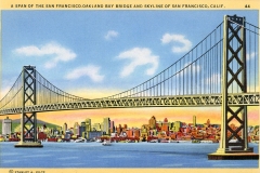 Illustration of the San Francisco-Oakland Bay Bridge with the San Francisco skyline in the background. The scene features a bright blue sky with a few clouds and a cityscape with colorful buildings on the waterfront.