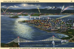 Illustrated night view of the San Francisco Bay area. The cityscape is lit up, with a bridge in the foreground and another in the distance. Searchlights beam across the sky, and a mountain is visible in the background.
