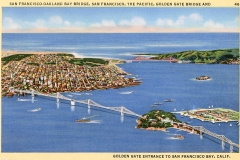 A vintage postcard illustration of San Francisco Bay, featuring the San Francisco-Oakland Bay Bridge in the foreground, the cityscape on the left, and the Golden Gate Bridge in the background. Boats are sailing in the bay.