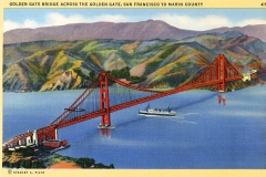 A vintage postcard illustration of the Golden Gate Bridge in San Francisco, spanning over a blue bay with green and brown hills in the background. A large ship is passing under the iconic red-orange bridge.