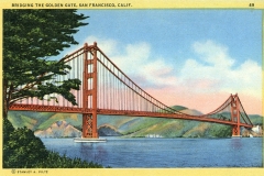 A vintage postcard illustration of the Golden Gate Bridge in San Francisco. The red suspension bridge spans the blue bay, with green hills in the background and trees in the foreground. The sky is partly cloudy.