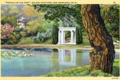 A vintage postcard of Golden Gate Park, San Francisco, featuring a serene pond with water lilies, a large tree in the foreground, and the Portals of the Past monument surrounded by greenery in the background.