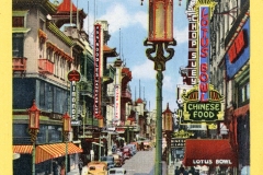 Postcard-style image of Grant Avenue in Chinatown, San Francisco. Streets lined with ornate buildings, colorful signs for Chinese restaurants, and shops. Vintage cars and pedestrians are present. Flags with a blue sky background adorn the scene.