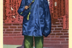 A man in traditional attire stands holding a few sticks in front of a backdrop with red papers covered in Chinese characters. The text above reads The Soothsayer, Chinatown, San Francisco, Calif. The setting resembles an early 20th-century postcard.