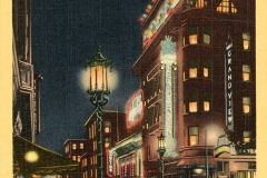 A vintage postcard illustration of Chinatown in San Francisco at night. Neon signs adorn buildings, including one for Chop Suey. A tall streetlamp lights up the street below, and the vintage architecture is visible under the night sky.