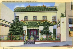 Vintage postcard of a Chinese school in Chinatown, San Francisco. The building has ornate architecture with decorative green roofs and traditional Chinese motifs. Colorful banners hang outside, and there are plants in front of the entrance.