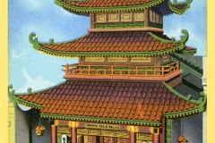 Illustration of the Chinese Telephone Exchange building in San Franciscos Chinatown. The structure features traditional Chinese architectural elements, including ornate eaves and a pagoda-style roof, with vibrant reds and greens.